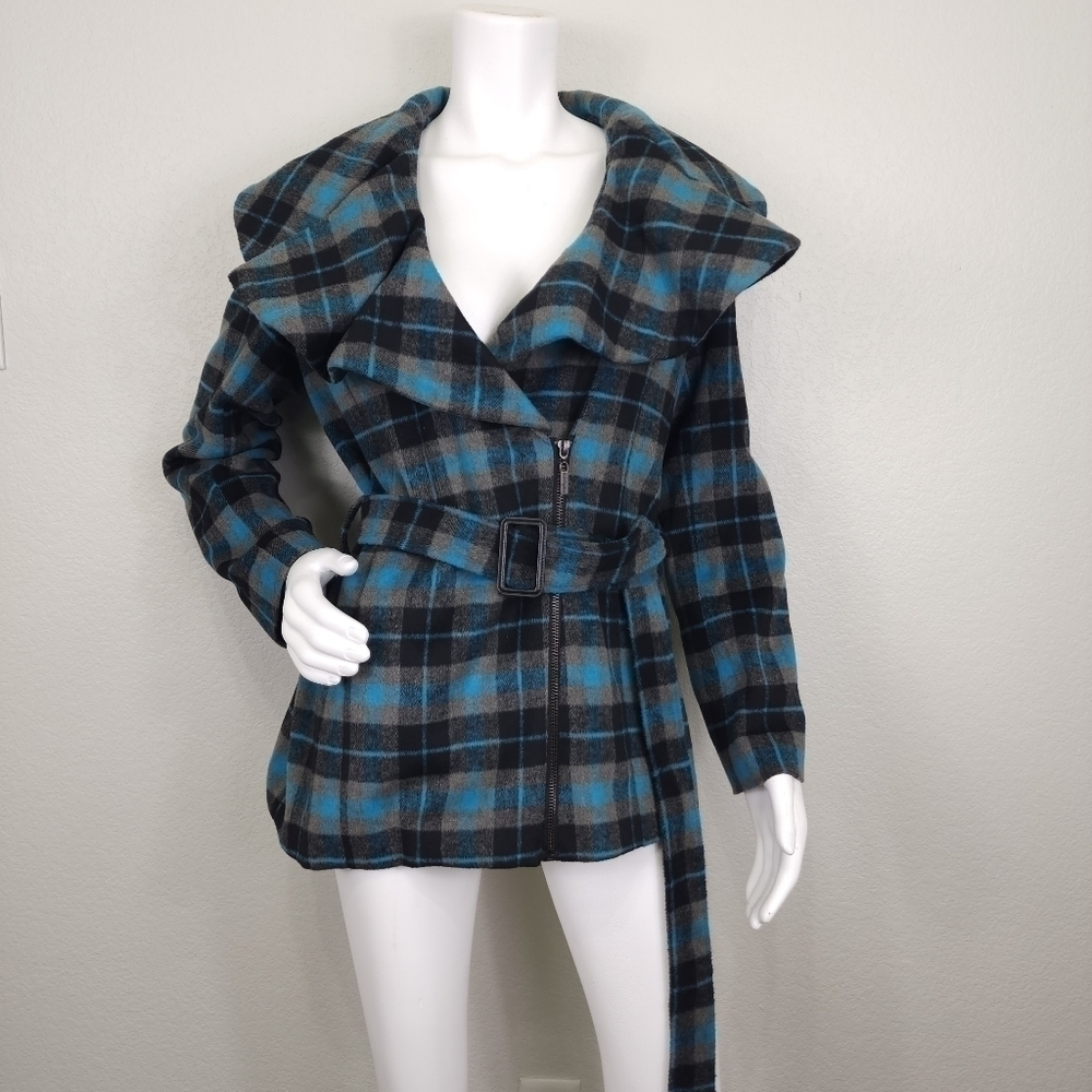 Twiggy London Blue Plaid Coat Size M